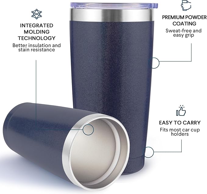 Volhoply 20oz Stainless Steel Tumbler with Lid and Straw Bulk 8 Pack,Double Wall Insulated Travel Iced Coffee Mug Fits Cup Holder,Powder Coated Cups for Hot/Cold Drinks,Christmas Gifts（Navy,8 Set）