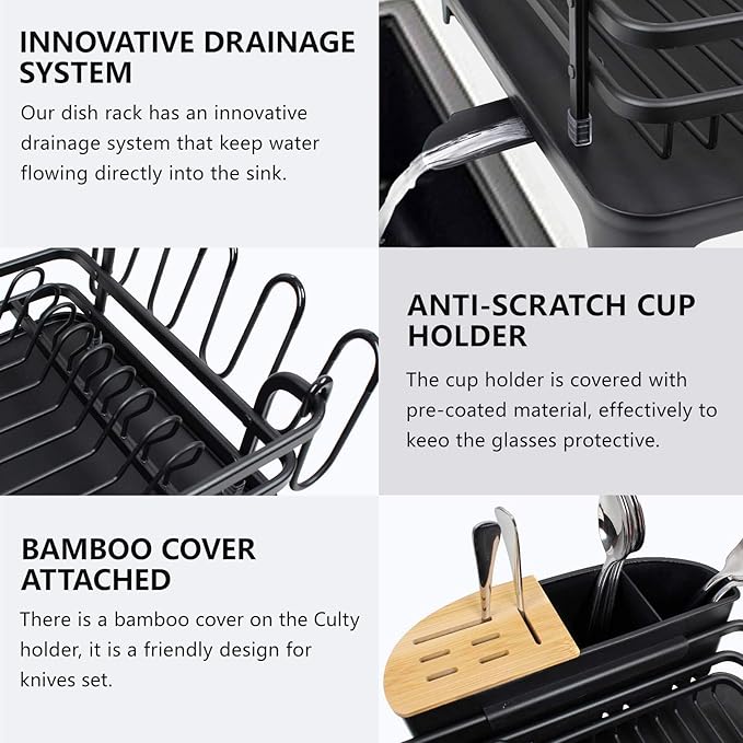 BRIAN & DANY Aluminum Dish Drying Rack, Dish Racks for Kitchen Counter, Dish Drainer with Removable Cutlery Holder & Cup Holder, 16.5" L x 11.8" W, Black