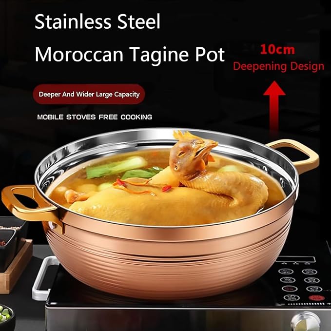 Moroccan Tagine Cooking Pot,Stainless Steel Non Stick Moroccan Casserole with 2 Handles,Large Moroccan Cooker Handmade Tagine Pot with Cone-Shaped Lid(27cm, Rose Gold)