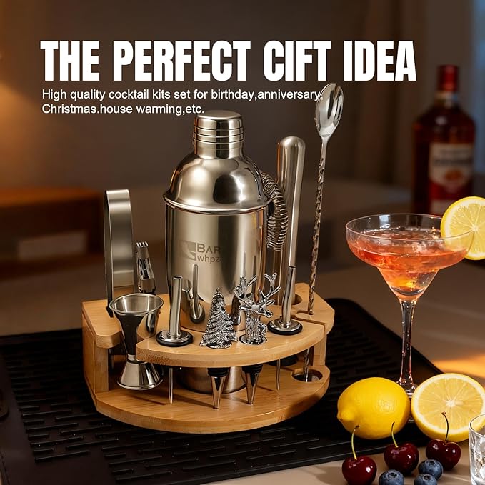 Silicone Pad Included Cocktail Shaker Set Bartender Kit,Mixology Bartender Kit 13-Piece with Bamboo Stand,Martini Shaker Kit with All Essential Accessory Tools for Drink Mixing Gift for him or her