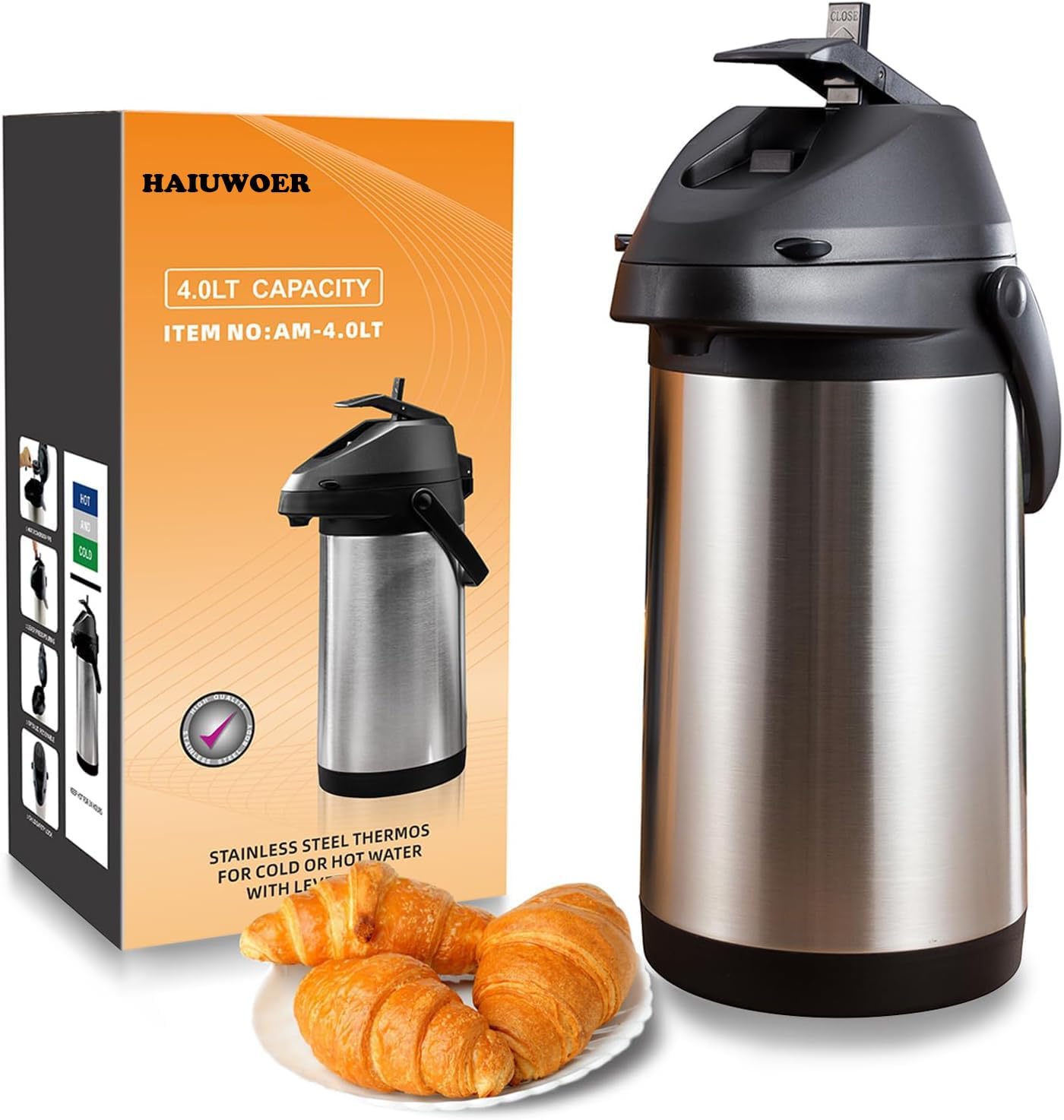 135 oz&4L Airpot Coffee Carafe Thermal for Keeping Hot,Airpot Thermal Coffee Dispenser with Pump,Double Walled Vacuum Insulated 304 Stainless Steel Beverage Dispenser Lever Action for Hot/Cold