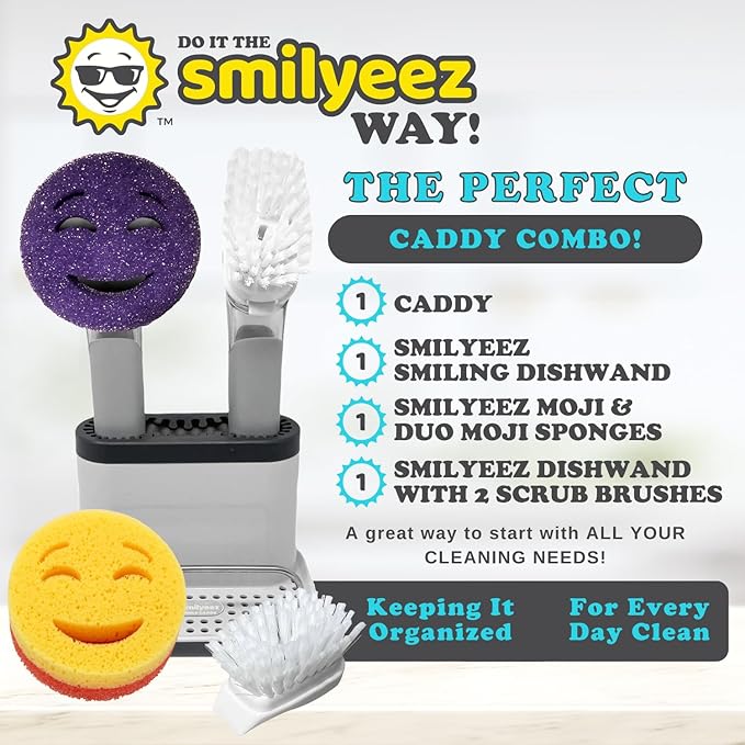 The Original Smiling Handle with Soap Dispensing for Scrub Daddy (Reg. TM) Sponge and Scrub Moji Sponge, Smile Caddy, and 2 Scrub Mojis (White/Grey Wands)
