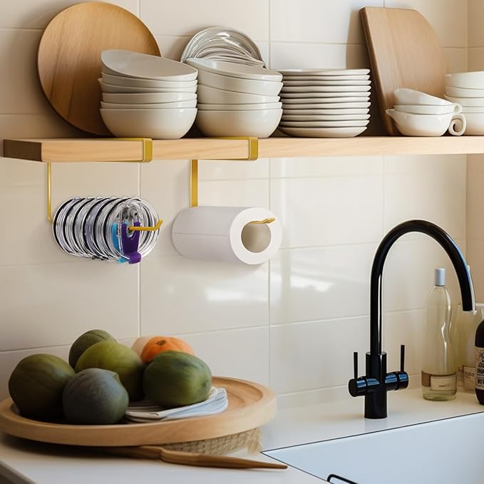 2 Pack Tumbler Lid Organizer, Horizontal Tumbler Lid Storage Hook Up to 20 Lids, Space Saving Cup Lid Holder Under Cabinet Tumbler Lid Hook for Kitchen Organizer, Paper Towel Hanger(Round&Flat, Gold)