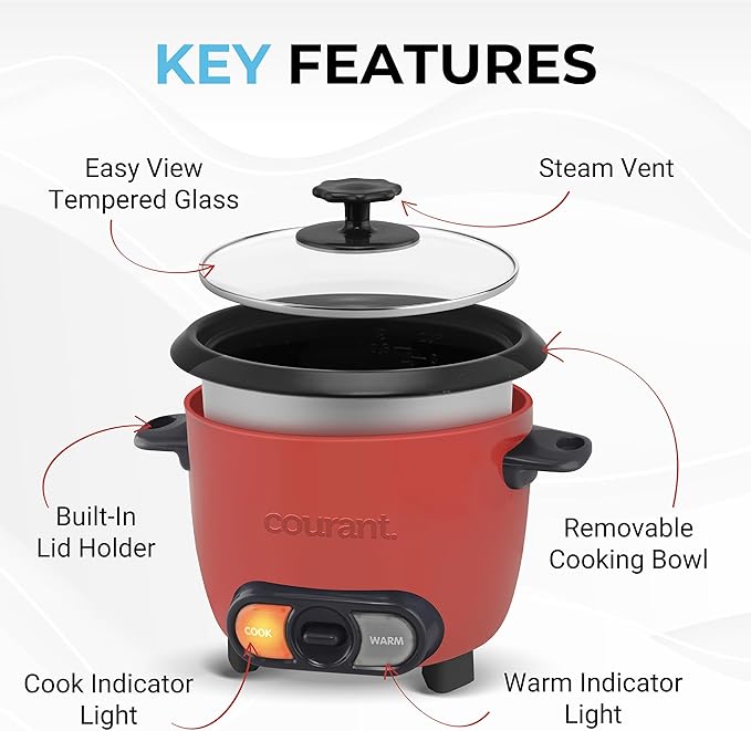 Courant Rice Cooker 8-Cup (Cooked), Removable Non-Stick Bowl, One Touch Rice Cooker, Red