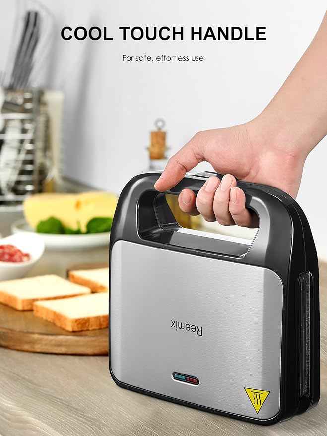 Reemix 3-in-1 Waffle, Grill & Sandwich Maker, Panini Press Grill and Waffle Iron Set with Removable Non-Stick Plates, Perfect for Grilled Cheese, Tuna Melts, Burgers, Steaks (Black, Plastic)