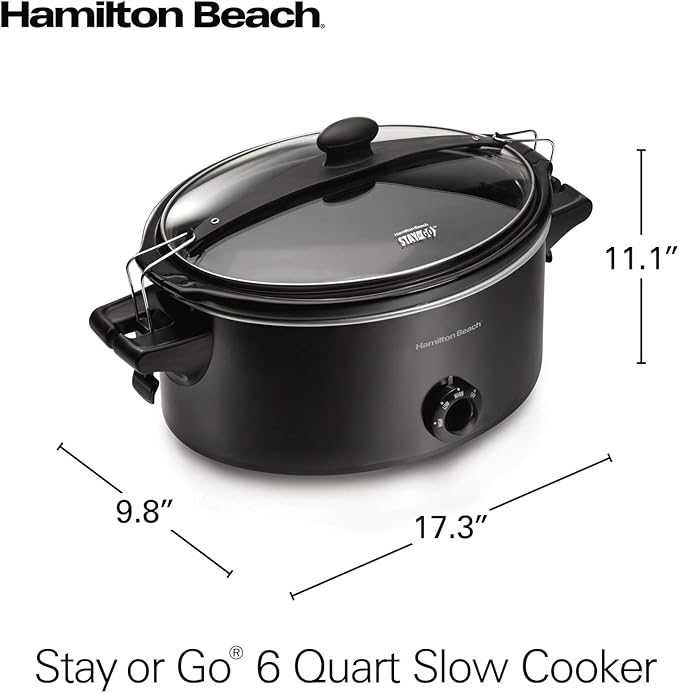 Hamilton Beach Stay or Go Portable Slow Cooker with Lid Lock, Dishwasher-Safe Crock, 6-Quart, Black 33261