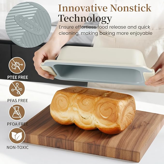 Kikcoin 25 PCS Stackable Baking Pans Set, Non-stick Bakeware Sets with Silicone Handles, 450°F Oven Safe Cookie Sheets for Baking, Easy Release Heavy-duty Baking Sheets Non Stick, Cream