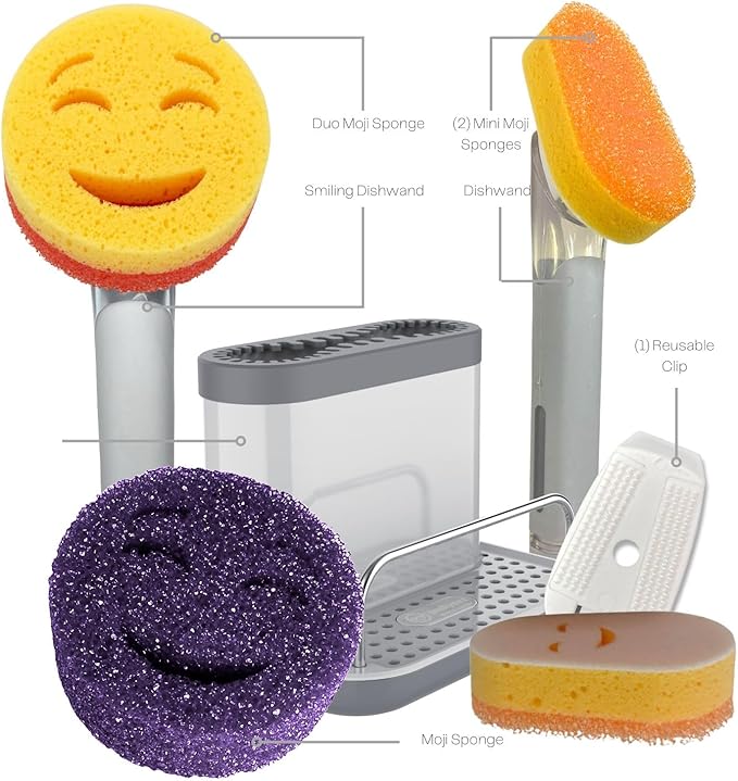 Smilyeez Caddy Combo, Sink Caddy, Smiling Handle, 2 Scrub Moji Sponges, Dishwand with 2 Mini Moji Sponges (White/Grey Wands)
