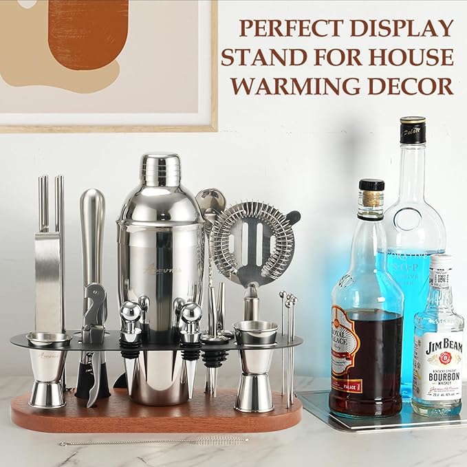 23-Piece Bartender Kit, Cocktail Shaker Set with Stand | Bar Set Drink Mixer Set with All Essential Bar Tools: Martini Shaker,Bar Mixer Spoon, Jigger, Strainer, Muddler, Pourers, for Home, Bar, Party