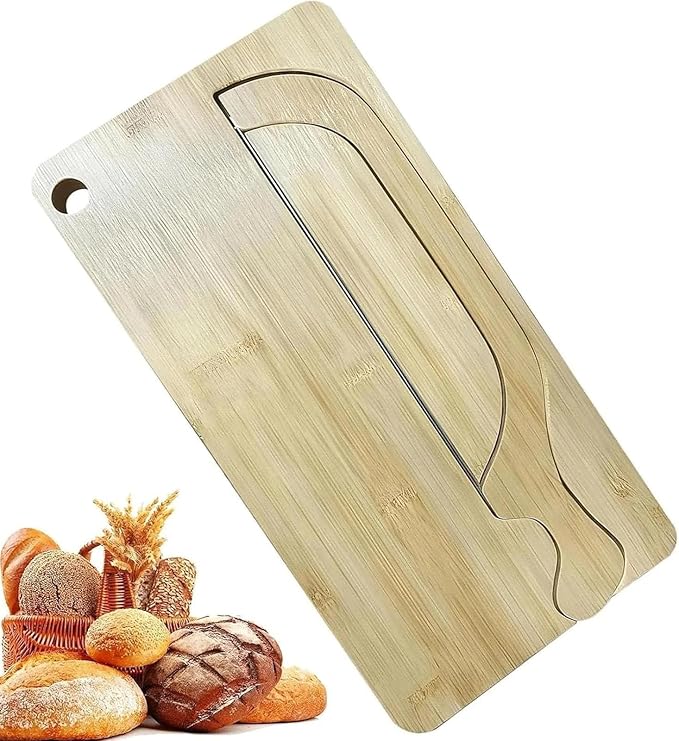Bread Slicer for Homemade Bread, Manual Bow Knife and Cutting Board Set with Crumb Tray, Sourdough Loaf Slicer for Left & Right Handed Home Bakers, Wooden Board Design(Bamboo)
