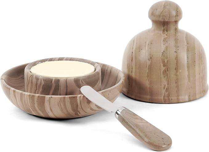 Radicaln Marble Butter Dish With Lid 6" Inches Natural Brown Handmade Butter Storage Container, Ideal Butter Dish and Butter Crock For Counter With Water