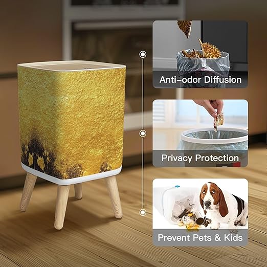 Small Trash Can with Lid Gold texture for cover cards flyers poster Bronze paint Stone backdrop Wastebasket with Press Cover Dog Proof Garbage Can Waste Bin for Kitchen Bathroom Nursery 2.6 Gallon