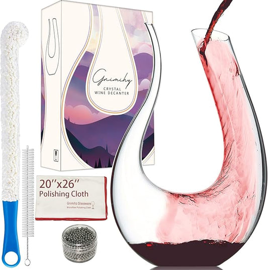 Wine Decanter with Cleaning Tools- Handmade Lead-free Crystal Swan-neck Decanter, Improves Wine Taste Smoother, Wine Accessories, Wine Gifts, 1500ml