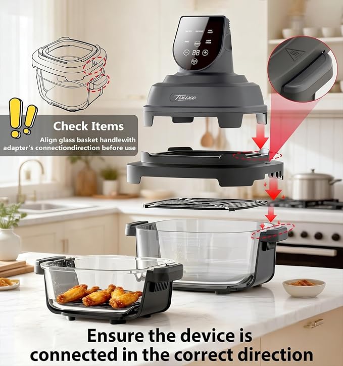 5-in-1 Glass Air Fryer for Healthy Oil-Free Cooking, Portable 1500W Countertop Cooker with 4QT & 6-Cup Glass Bowl, Non-Toxic Design & Dishwasher Safe for Single & Family Meals