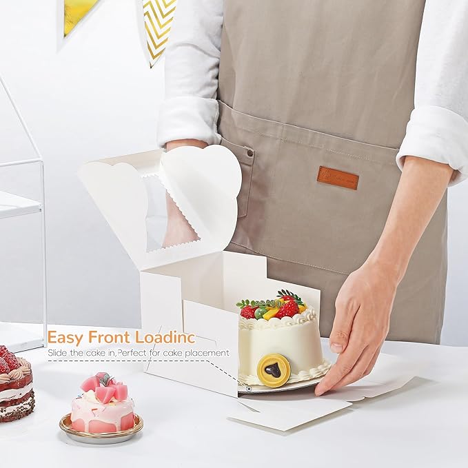 4pcs 6 Inch Cake Boxes with Sticks and Boards for Cookies, Small Cakes, Mini Desserts, Bento, and Bakery, Cupcake Box for Birthday, Party, Wedding, Mother's Day, Christmas（6x6x5 inch）