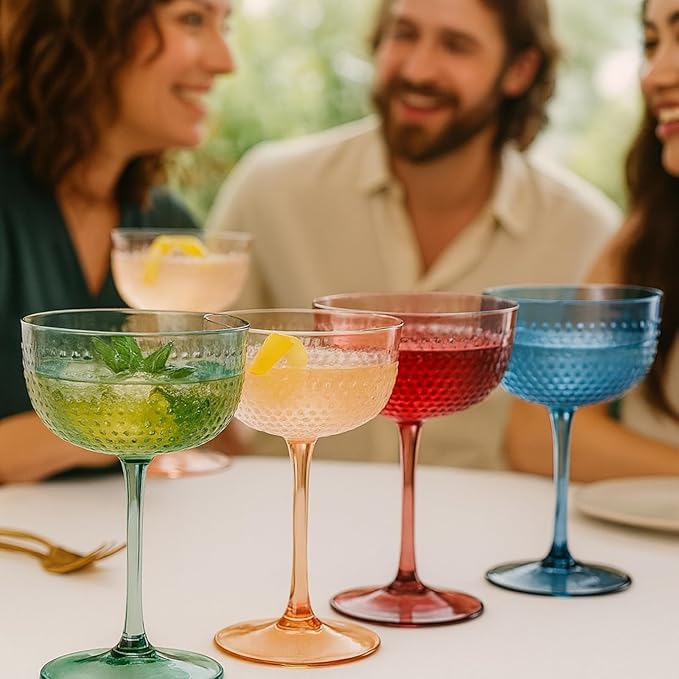 Khen Muted Hobnail Coupes Vintage Textured Pastel Style Cocktail Martini Champagne Saucer Retro Colored Glass Goblets |Set of 4 | 10.15oz Durable Glassware Decorative Barware Classic Party Drink