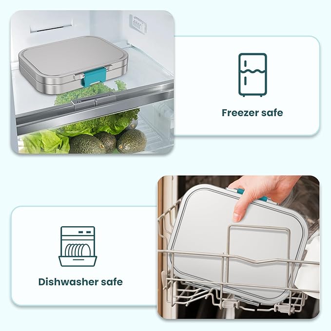LOHASOK Stainless Steel Bento Lunch Box, 3-Compartment Food Container Large 800ML Metal Bento Box for Kids or Adults with Lockable Clips to Leak Proof Blue