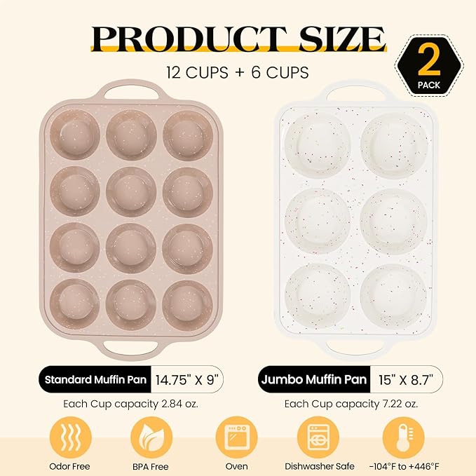 Vinino 2Packs Silicone Muffin Pans for Baking with Metal Reinforced Frame, 12 Cups Regular and 6 Cups Jumbo Nonstick Cupcake Pan, BPA Free Oven Dishwasher Safe Baking Mold for Muffins Cupcakes