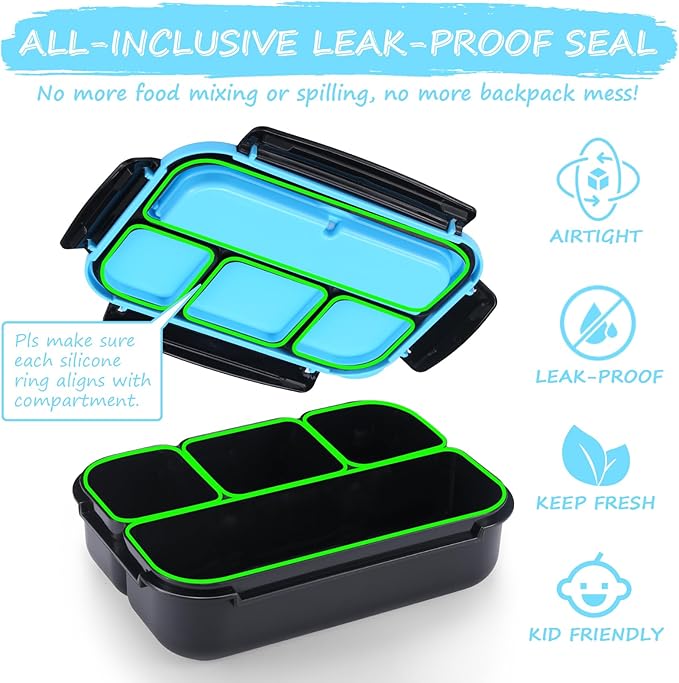 QQKO Bento Box for Kids Adults, School Toddler Lunch Box for Boys Girls, Lunch Box Containers with 4 Compartments, Sauce Container, Utensils, Food Picks and Muffin Cups for School, Black Blue