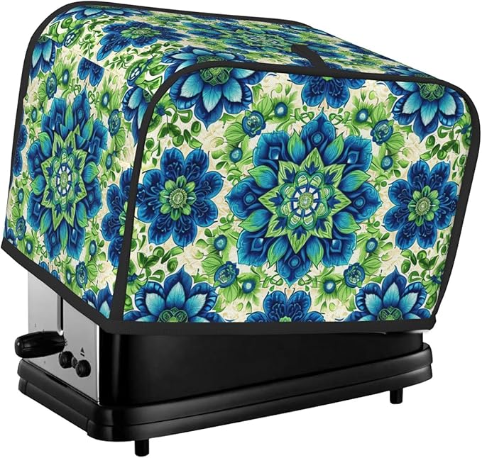 Green Blue Batik Toaster Cover 2 Slice, Cute Rural Bread Machine Cover, Washable Dust-Proof Cover for Kitchen Small Appliance Cover,with Top Handle