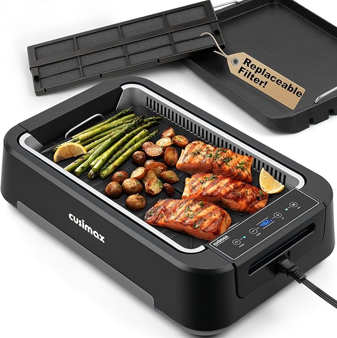 Indoor Grill, CUSIMAX Electric Smokeless Grill & Griddle with REPLACEABLE Smoke Filter Sponge, 1500W Korean BBQ Grill, Smart LED Display, Larger Grilling Area, Black(New Model)