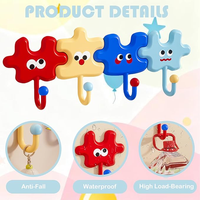 Dopamine Cartoon Puzzle Adhesive Wall Hooks, Cute Strong Hold Hooks for Bathroom Kitchen Entryway