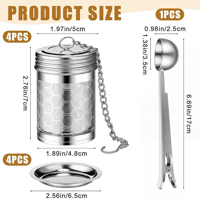 Umigy 4 Pcs Tea Infuser Strainers for Loose Tea with Scoop, Extra Fine Mesh Steeper 304 Stainless Steel Diffuser Leaf Holder with Extended Chain Hook for Brew, Spices, Seasoning, Silver
