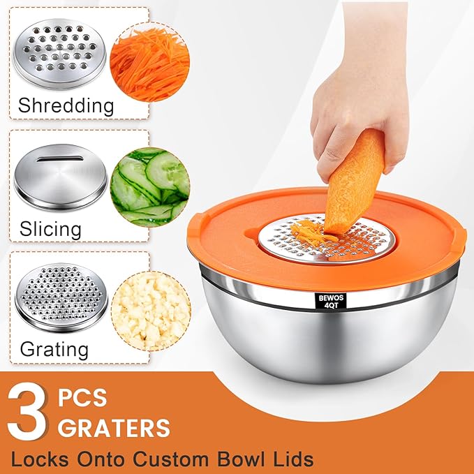 BEWOS Mixing Bowls with Lids Set - 5 Pcs Stainless Steel Mixing Bowls With 3 Grater Attachments, Size 4.5, 4, 3.5, 2.1, 1.5QT Metal Bowls for Baking and Serving (Colored)