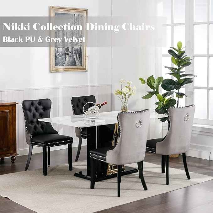 Dining Chairs Set of 4, Upholstered Dining Room Chairs with Back Ring Pull Trim and Solid Wood Legs, Modern Tufted Kitchen Chairs Perfect for Dining Room, Black Pu Leather Splicing Grey Velvet