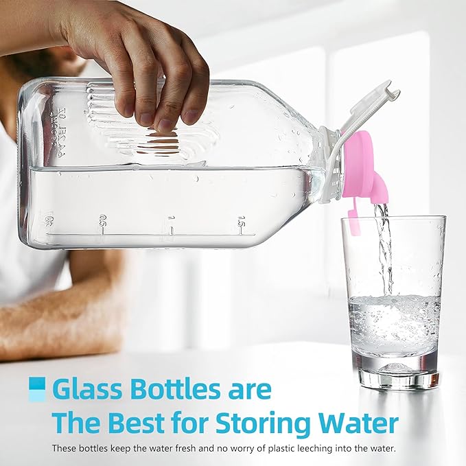 2 Pack 1/2 Gallon Glass Milk Bottles with Airtight Screw Lid & Handle & 2 Spouts - Heavy Duty Glass Water Bottles - Breastmilk Jug Pitcher with Scale Lines, Milk Container for Refrigerator Storage