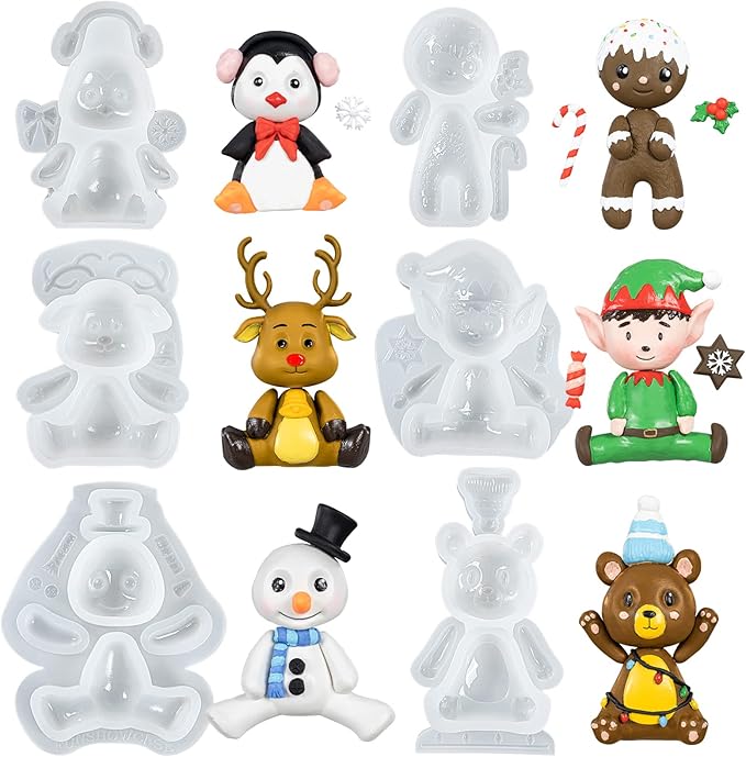 FUNSHOWCASE Christmas Silicone Molds Penguin Reindeer Snowman Gingerbread Man Santa Elf Bear Height 3-4inch for Fondant Cake Decoration Cupcake Topper Epoxy Resin Casting Polymer Clay Craft