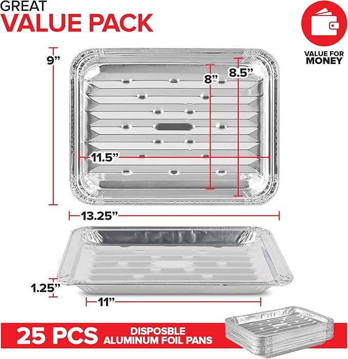 Stock Your Home Disposable Aluminum Foil Broiler Pan for Oven (25 Pack) Sheet Pans for Grilling, Roasting Rack, Trays with Ribbed Surface for BBQ Grill-Like Texture
