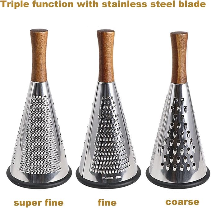 Cone Cheese Grater with Handle - Stainless Steel Triple Function Wood Handle Parmesan Shaver Non-Slip Rubber Bottom Hand Held Multifunction Vegetables Cheese Grater with container(XL:11.8" X 5.1")