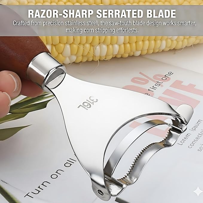 Stainless Steel Corn Kernel Remover – 1-Second Cob Peeler with Hardwood Handle, Dishwasher-Safe Stripper Tool for Salad/Salsa/Popcorn, Farmhouse Kitchen Gift for Mom