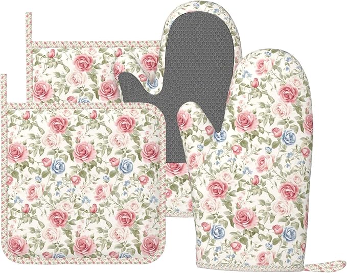 Oven Mitts and Pot Holders Flower Boho Rose Floral Silicone Kitchen Accessories Set of 4 Heat Resistant Long Gloves Potholder Non-Slip Grip for Chef Cooking Baking Grilling BBQ