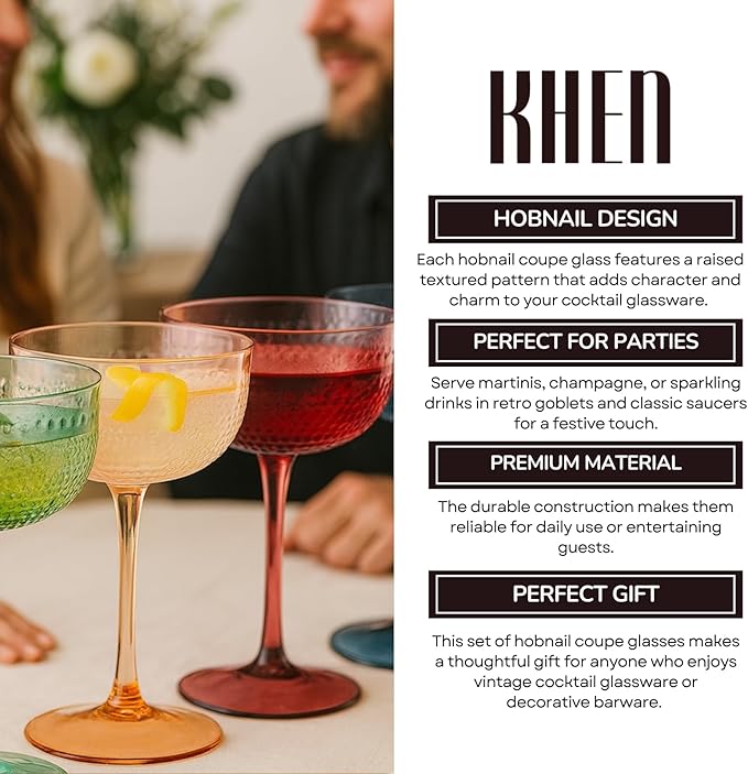 Khen Muted Hobnail Coupes Vintage Textured Pastel Style Cocktail Martini Champagne Saucer Retro Colored Glass Goblets |Set of 4 | 10.15oz Durable Glassware Decorative Barware Classic Party Drink