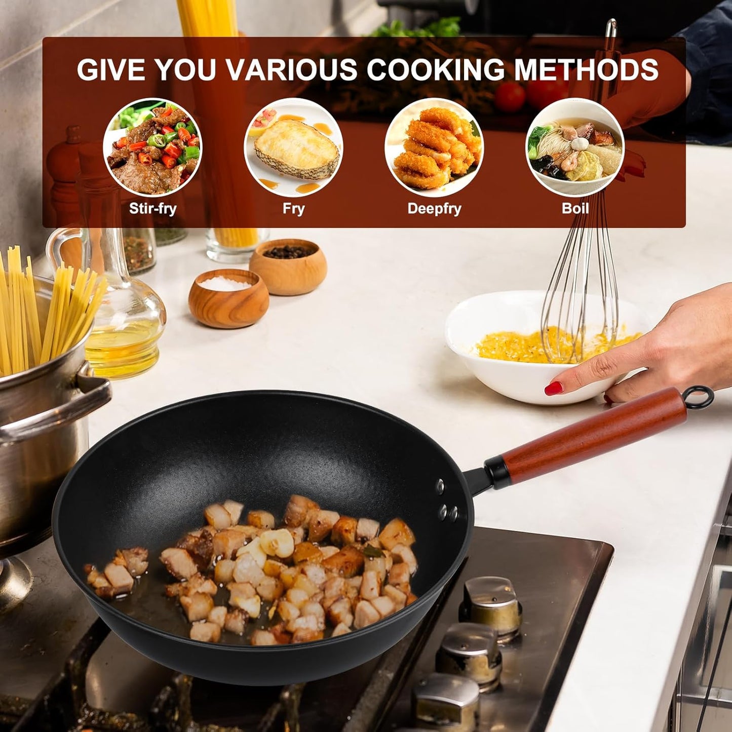13" Nonstick Wok - Wok Pan with Glass Cover, Carbon Steel Woks & Stir-Fry Pans: Flat Bottom Chinese woks for Electric, Induction, Gas, All Stoves
