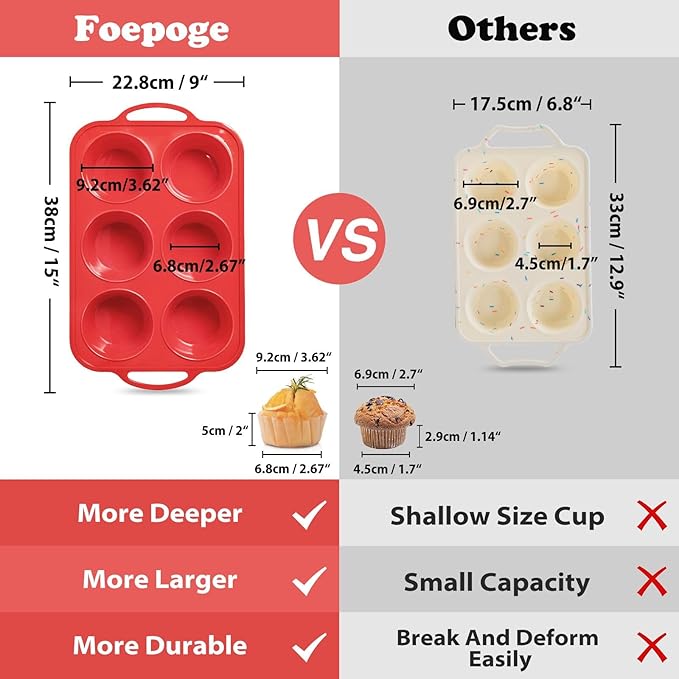 2 Pack Jumbo Silicone Muffin Pan with Metal Frame, Non-stick Large Silicone Cupcake Pan with Handles 6 Cup, Silicon Muffin Tin Tray for baking, egg bites, Cupcake Mold, BPA Free Red