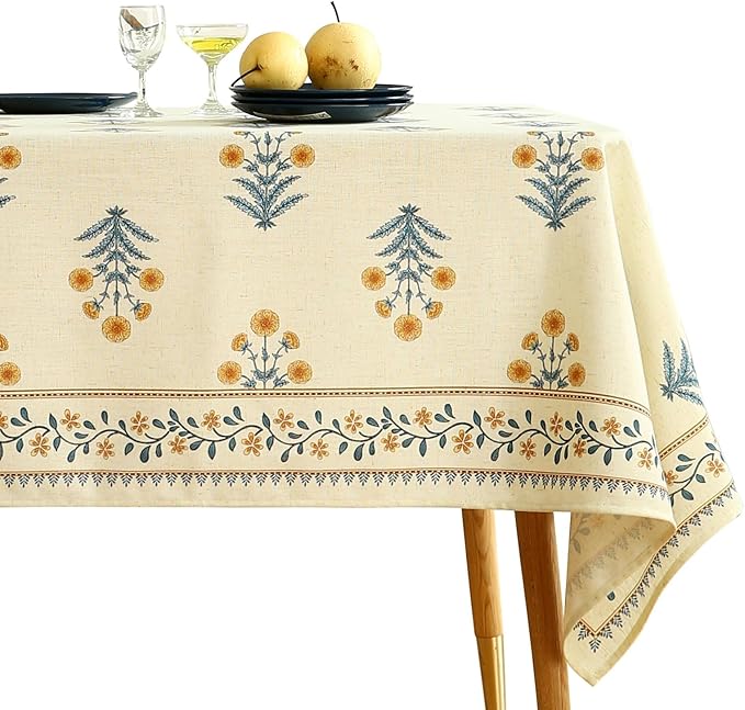 ISAENNE Designer French Pale Yellow Table Cloth for Rectangle Table,Linen Floral Tablecloth,Wrinkle Resistant Decor Tablecloths for Dining Thanksgiving Banquet Kitchen,55"*79"-Estevan A
