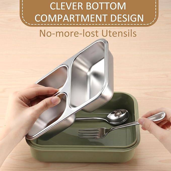 3 Pack Stainless Steel Lunch Box for Kids 25oz 3 Compartment Leak-proof Metal Bento Box with Lid Fork Spoon Meal Prep Snack Container for Adults Office Outdoor Gym, Dishwasher Safe