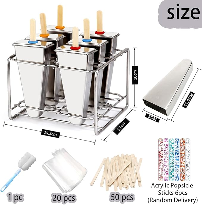 Set of 6 Stainless Steel Popsicle Molds Kit, Metal Popsicle Moulds,Homemade Ice Treat Makerwith 50 Wooden Sticks and 6 Silicone Seals and 20 Pop Bags,Cleaning Brush（Watermelon）