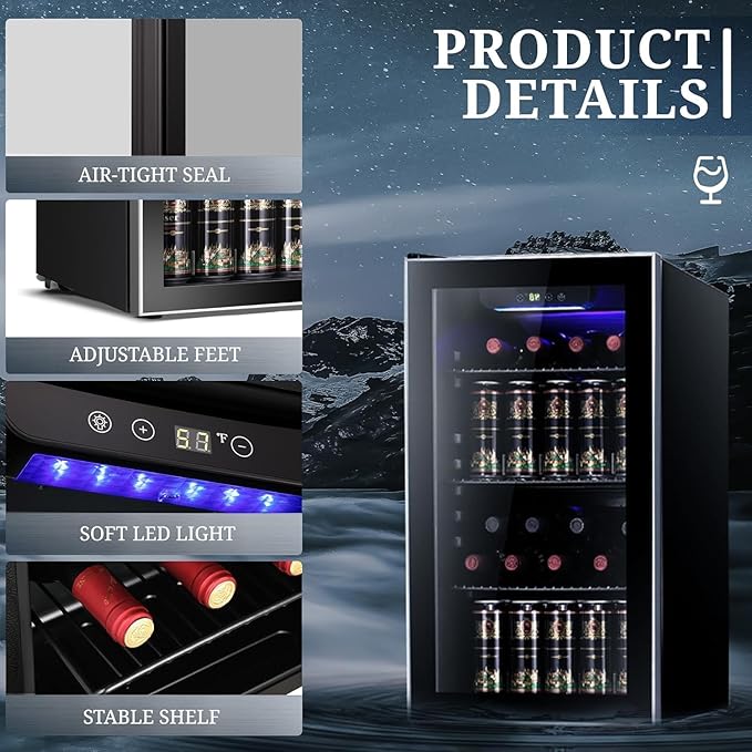 Antarctic Star Wine Cooler 26 Bottle Mini Fridge Drink Refrigerator Small Beer Soda Glass Door Quiet Compressor Freestanding 3.15 Cu.Ft