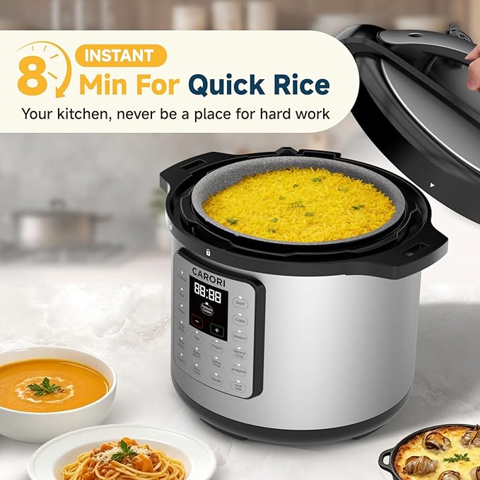 8Qt 12-in-1 Electric Pressure Cooker, 1200W Stainless Steel Multi-Cooker, Slow Cook, Rice Cook, Steamer, Sauté, Yogurt Maker, Warmer & Sterilizer, Safer Venting Design with Recipe Book, Silver