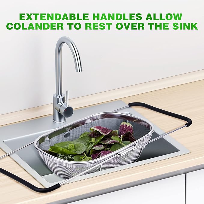 Tiawudi 6-Quart Large Over The Sink Colander, Heavy Duty 40% Thicker 18/8 Stainless Steel Fine Mesh Strainer Basket with Expandable Rubber Grip Handles - Strain, Drain, Rinse Fruits, Vegetables
