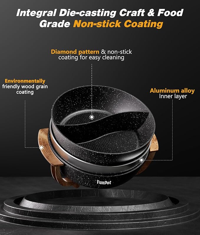 Multi-Temp Electric Hot Pot with Dual Dividers, 1100W Fast Heat & Auto Safety Shut-Off, 6L Family-Size Non-Stick Pot for 4-12 People (Wraparound Wood-grain Handles)
