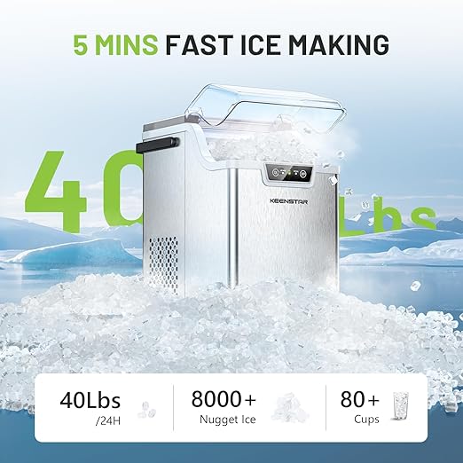 Nugget Countertop Ice Maker with Soft Chewable Ice 40Lbs, Pebble Sonic Ice Machine with Basket and Scoop, Ready in 5 Mins, 40Lbs/24H, Auto Self-Cleaning, for Home, Kitchen, Office, Party, Camping
