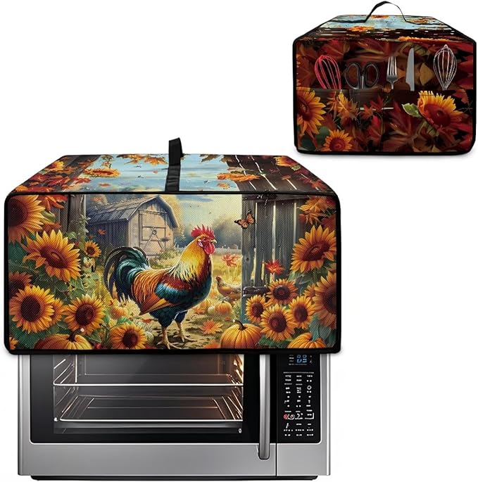 Toaster Oven Dust Cover Dustproof Smart Oven Air Fryer Microwave Cover with Pockets, Electric Appliance Protector Fall Home Decor, M, Chicken Rooster Sunflower Pumpkin Butterfly