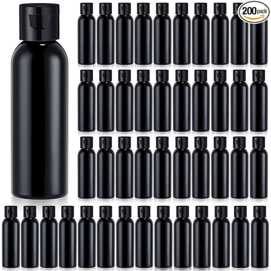 Zhehao 200 Pcs 2 oz Black Plastic Empty Bottles Small Travel Size Bottles with Flip Cap Empty Transparent Dispenser Container for Liquids Toiletries Shampoo Lotion(Black Cap)