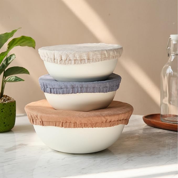 100% Pure Linen Bowl Covers For Bread Proofing, 4 Pcs Elastic Reusable Solid Color Cloth Fabric Bowl Covers,XL Organic Washable Large Stretch Sourdough Lids 6 * 8 * 10 * 12 Inches, Brown