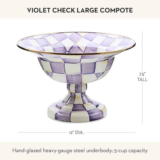 MACKENZIE-CHILDS Enamel Compote, Pedestal Serving Dish or Decorative Bowl, Large, Purple-and-White Violet Check